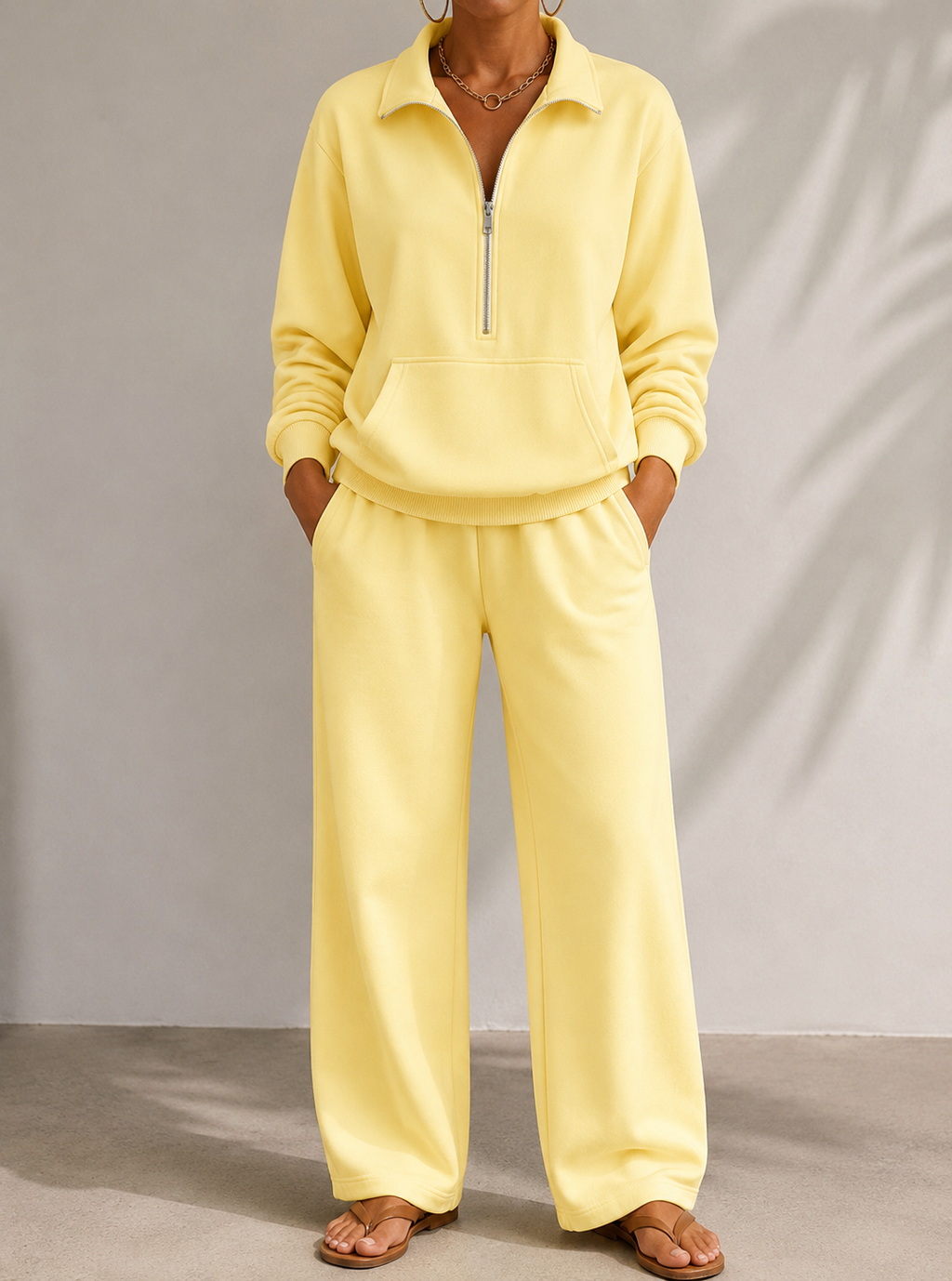 Miss | Tweedelige Set Dames Halve Rits + Wijde Pijp – Co-ord Set