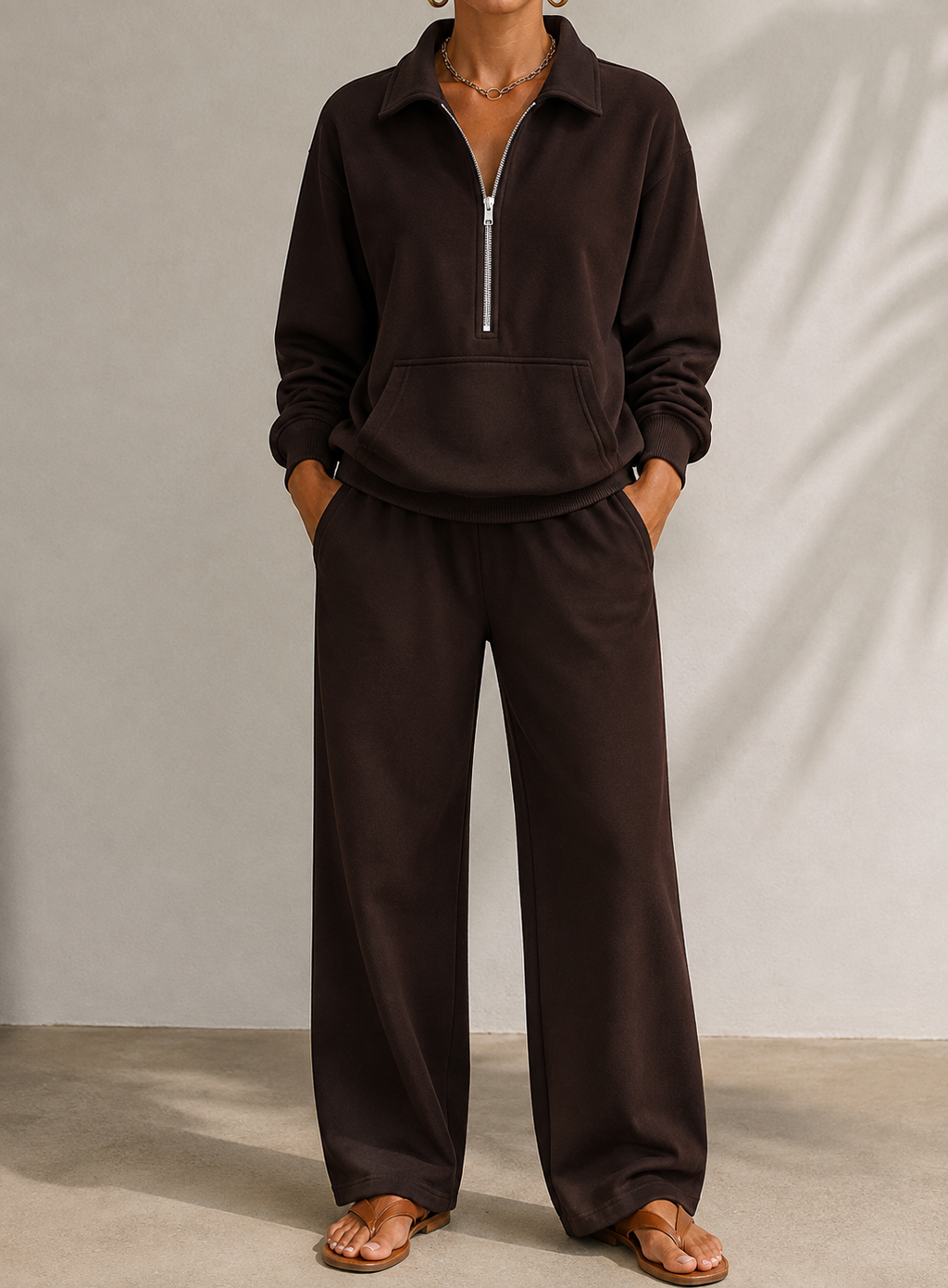 Miss | Tweedelige Set Dames Halve Rits + Wijde Pijp – Co-ord Set