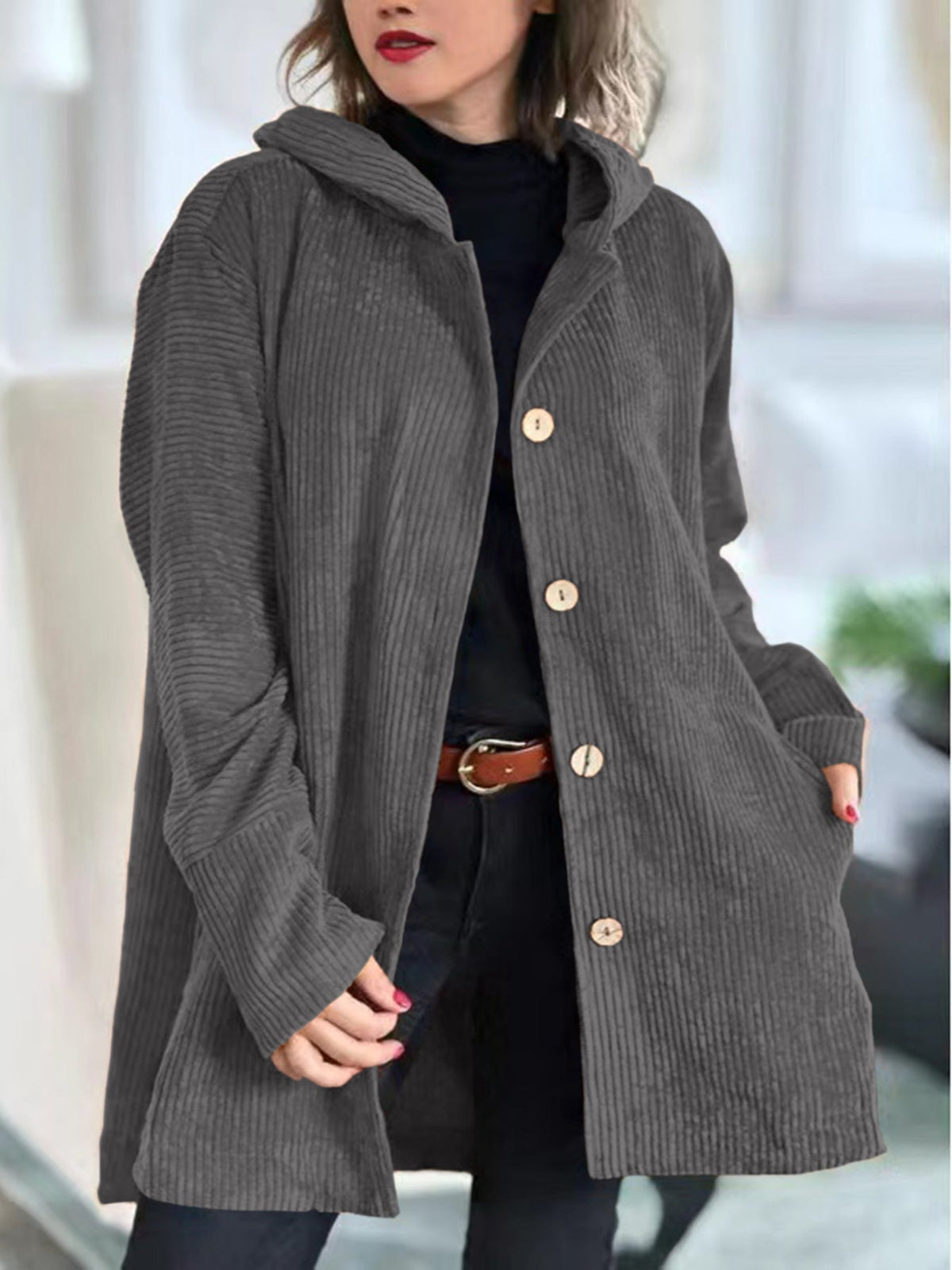 Miss | Jas Dames Corduroy Capuchon Relaxed Fit Heuplengte