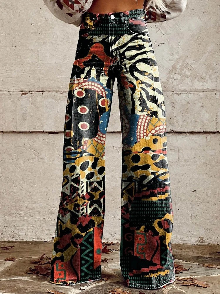 Miss | Broek Dames Hoge Taille Wijde Pijp Retro Print