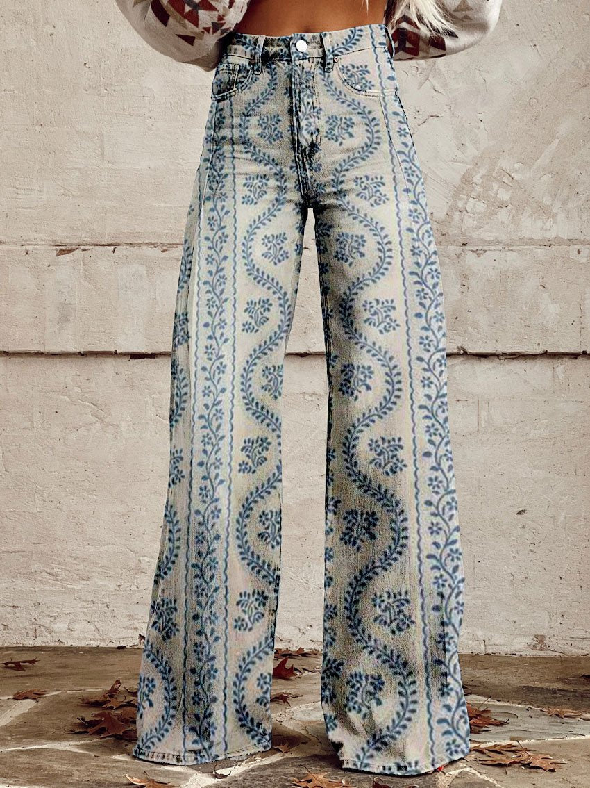 Miss | Broek Dames Hoge Taille Wijde Pijp Retro Print