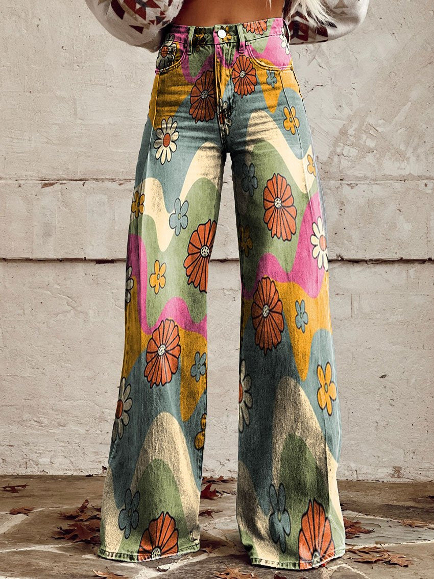 Miss | Broek Dames Hoge Taille Wijde Pijp Retro Print