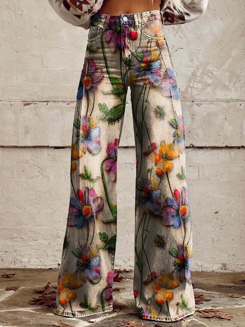 Miss | Broek Dames Hoge Taille Wijde Pijp Retro Print