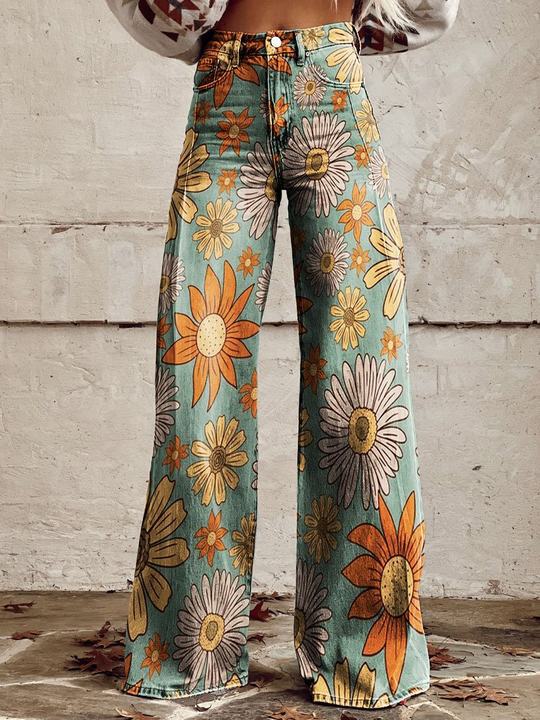 Miss | Broek Dames Hoge Taille Wijde Pijp Retro Print