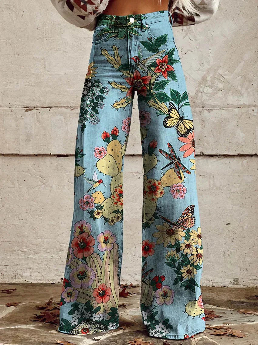 Miss | Broek Dames Hoge Taille Wijde Pijp Retro Print
