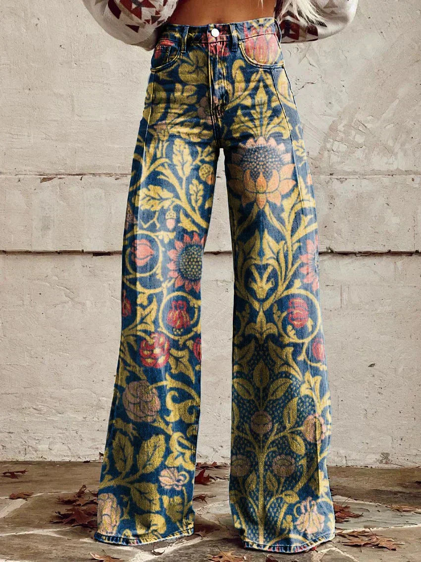 Miss | Broek Dames Hoge Taille Wijde Pijp Retro Print