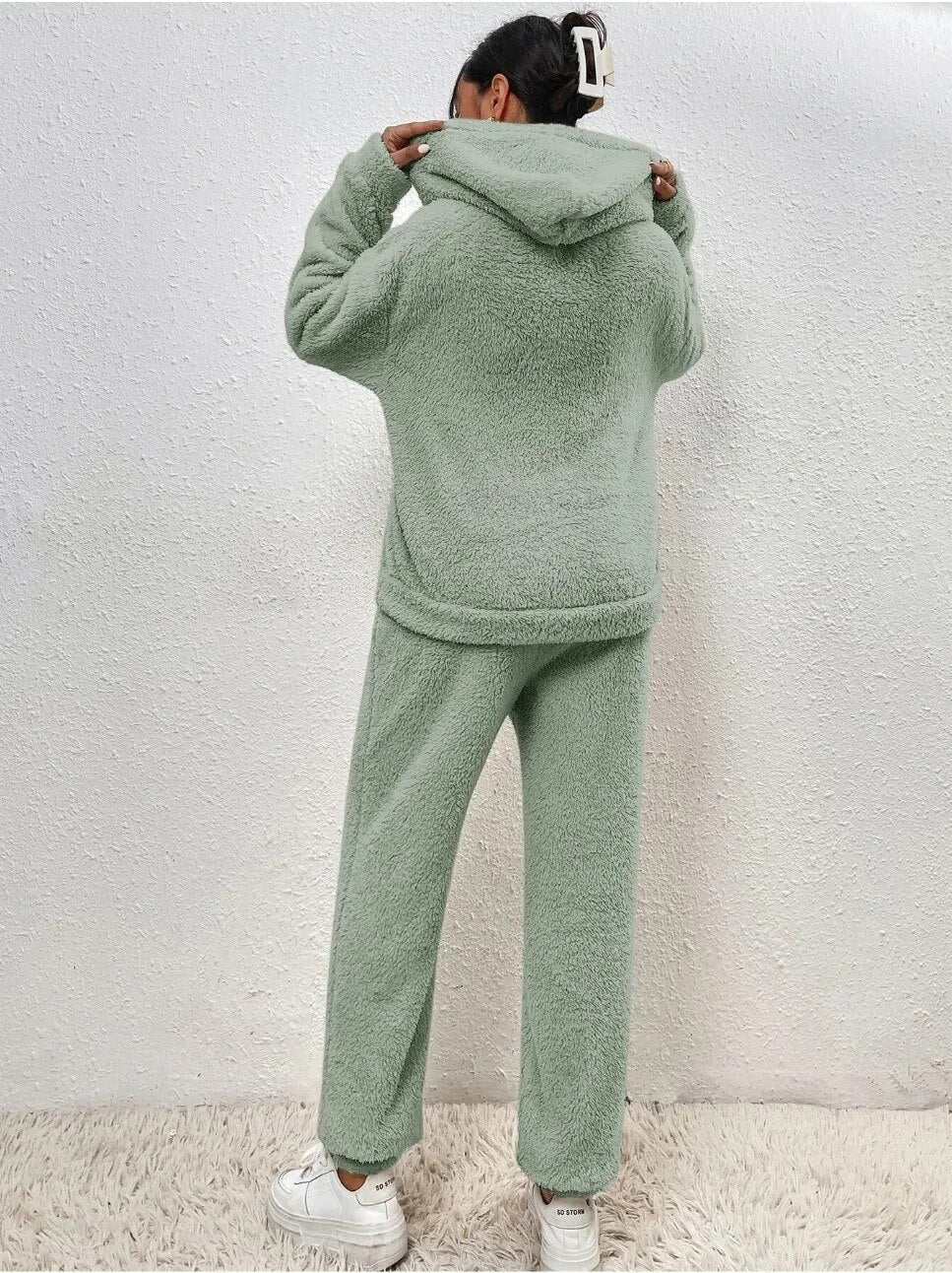 Nachtkleding Dames Teddy Hoodie Set Lange Broek Kangoeroezak