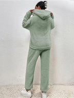 Nachtkleding Dames Teddy Hoodie Set Lange Broek Kangoeroezak
