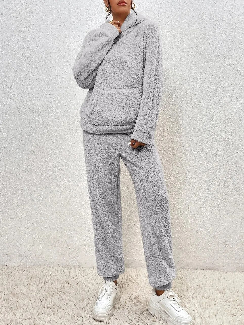 Nachtkleding Dames Teddy Hoodie Set Lange Broek Kangoeroezak