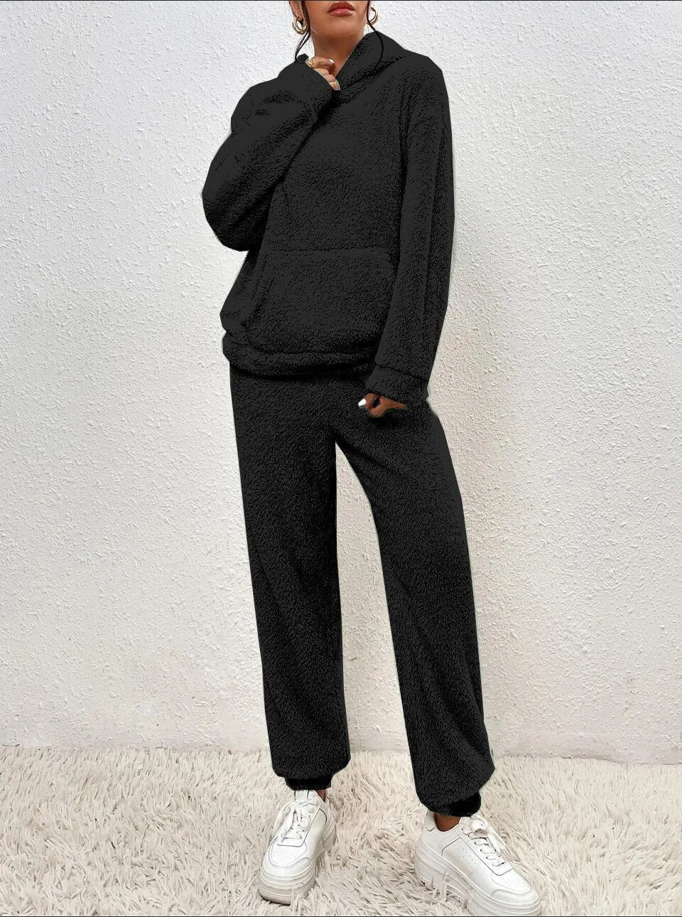 Nachtkleding Dames Teddy Hoodie Set Lange Broek Kangoeroezak