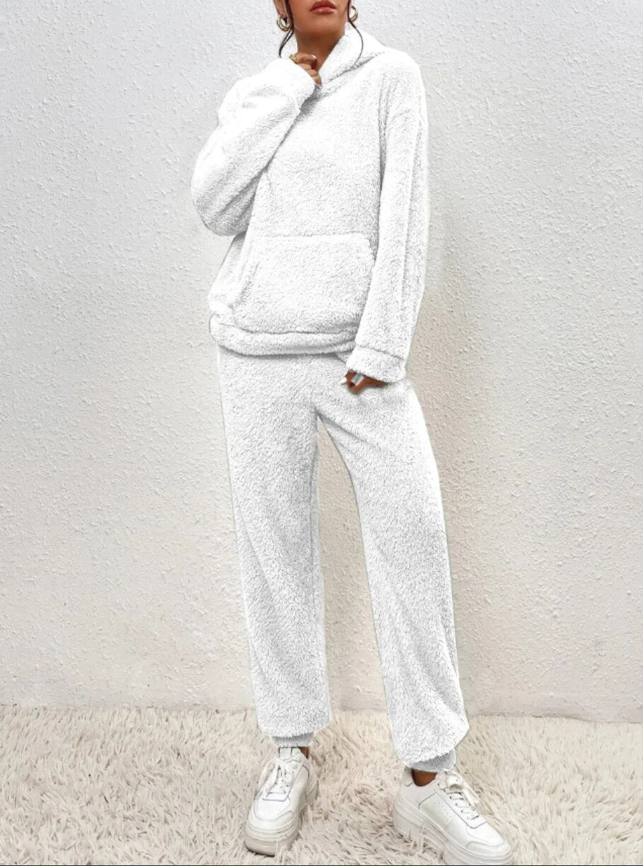 Nachtkleding Dames Teddy Hoodie Set Lange Broek Kangoeroezak