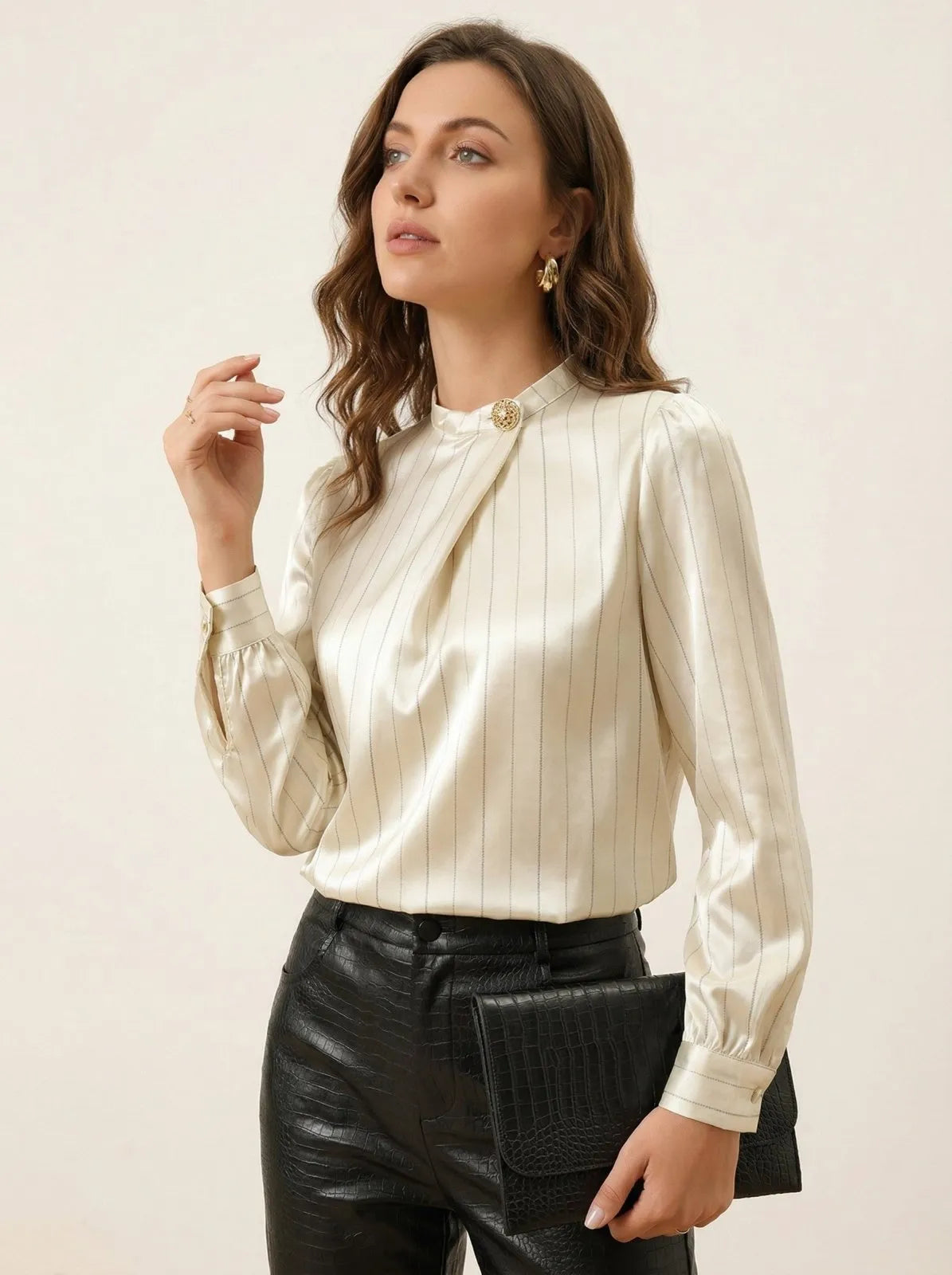 Satijnen Blouse met Mandarijnkraag en Strepen - Miss Madera MIS-E1EB80
