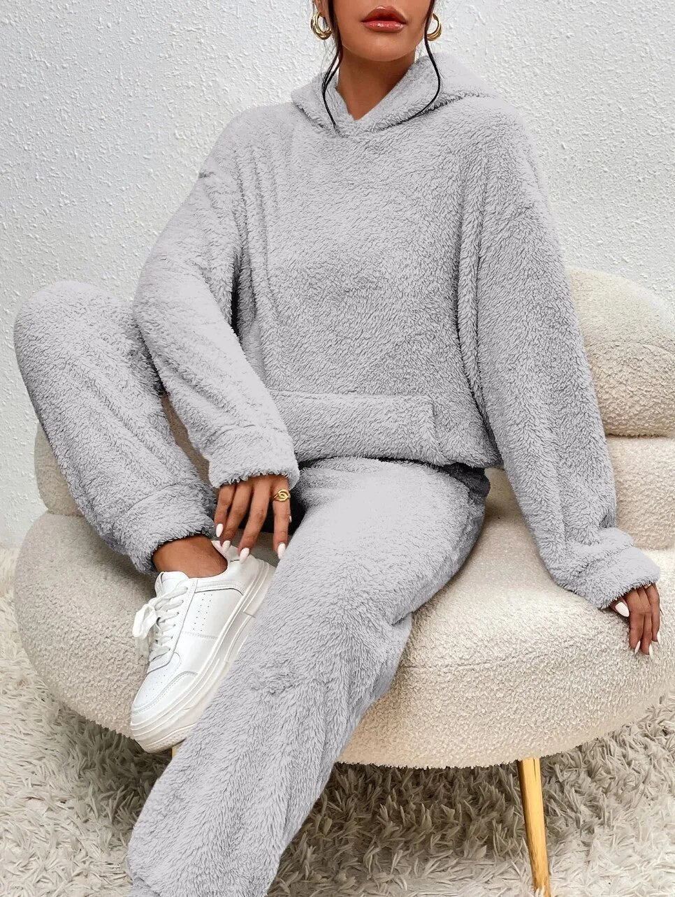 Nachtkleding Dames Teddy Hoodie Set Lange Broek Kangoeroezak