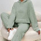 Nachtkleding Dames Teddy Hoodie Set Lange Broek Kangoeroezak