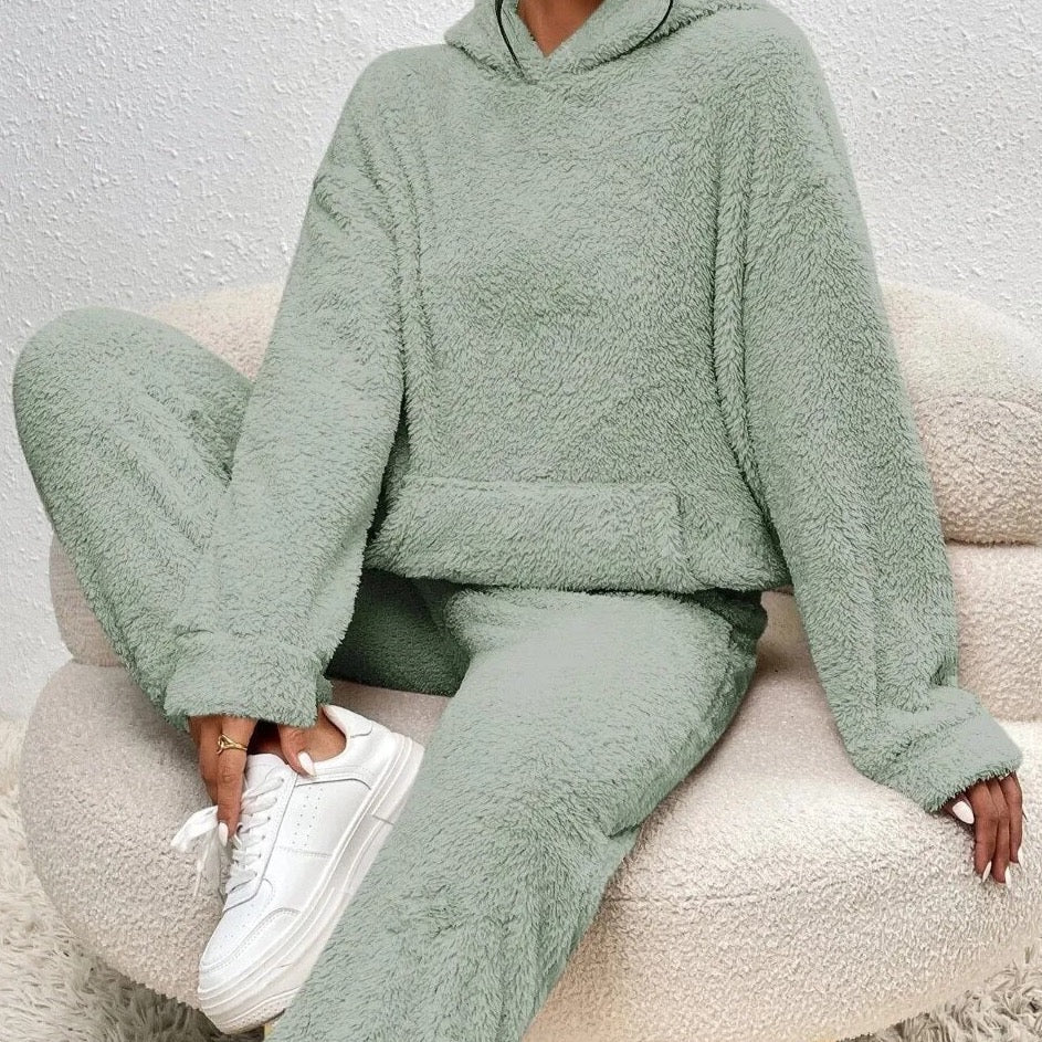 Nachtkleding Dames Teddy Hoodie Set Lange Broek Kangoeroezak