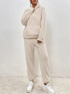 Nachtkleding Dames Teddy Hoodie Set Lange Broek Kangoeroezak