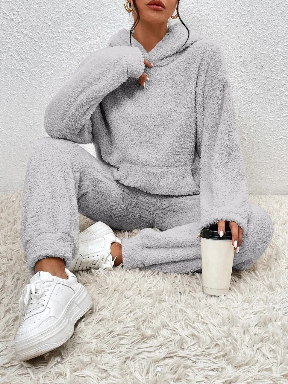 Nachtkleding Dames Teddy Hoodie Set Lange Broek Kangoeroezak