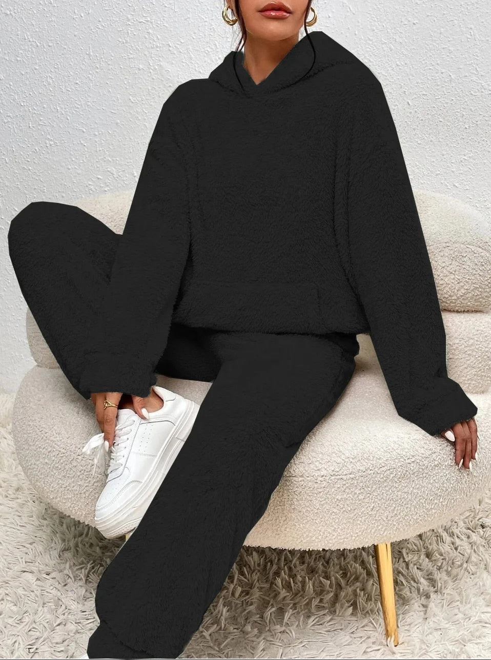 Nachtkleding Dames Teddy Hoodie Set Lange Broek Kangoeroezak