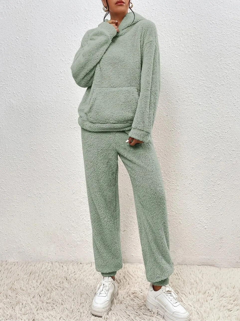 Nachtkleding Dames Teddy Hoodie Set Lange Broek Kangoeroezak