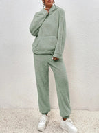 Nachtkleding Dames Teddy Hoodie Set Lange Broek Kangoeroezak