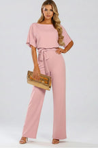 Miss | Jumpsuit Dames Wijde Pijpen Strikceintuur Korte Mouw
