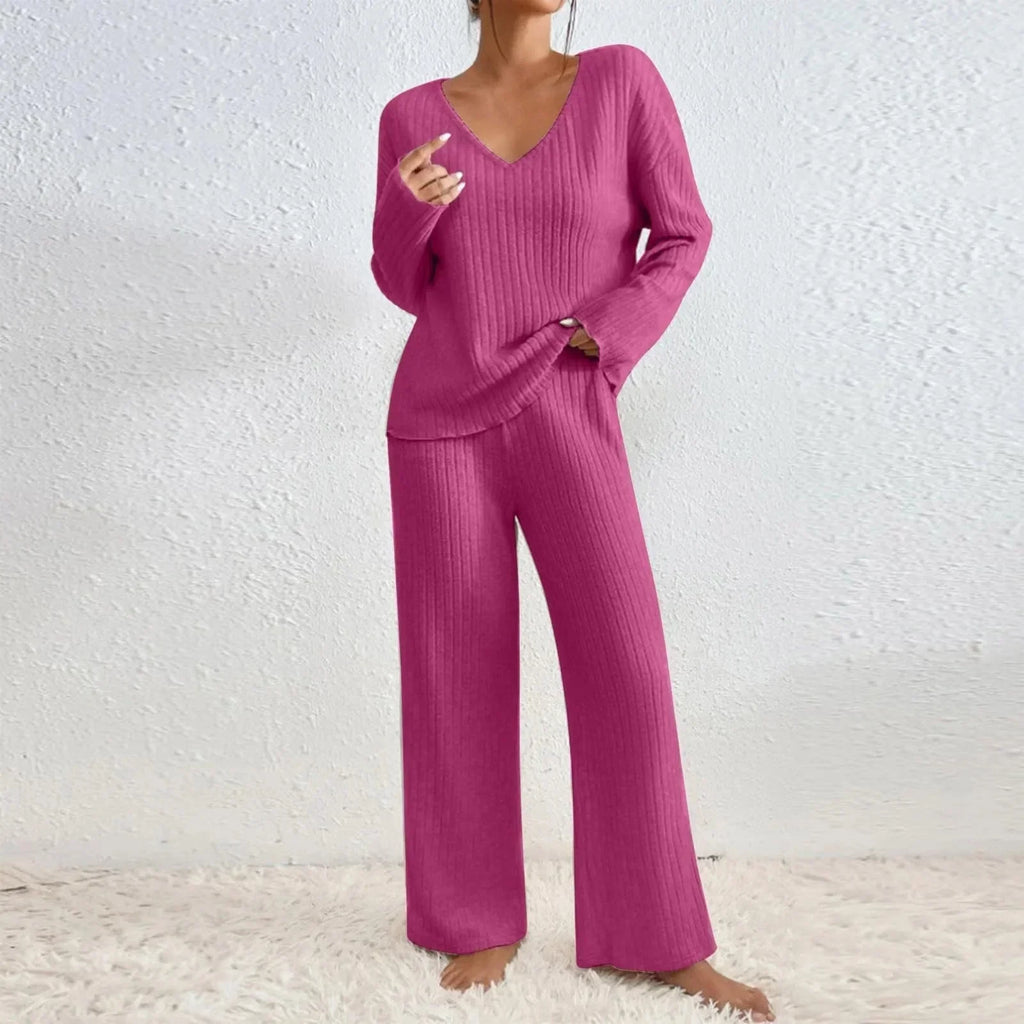 Miss | Tweedelige Set Dames Geribbeld V-Hals Wijde Pijp – Co-ord Set