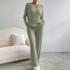 Miss | Tweedelige Set Dames Geribbeld V-Hals Wijde Pijp – Co-ord Set