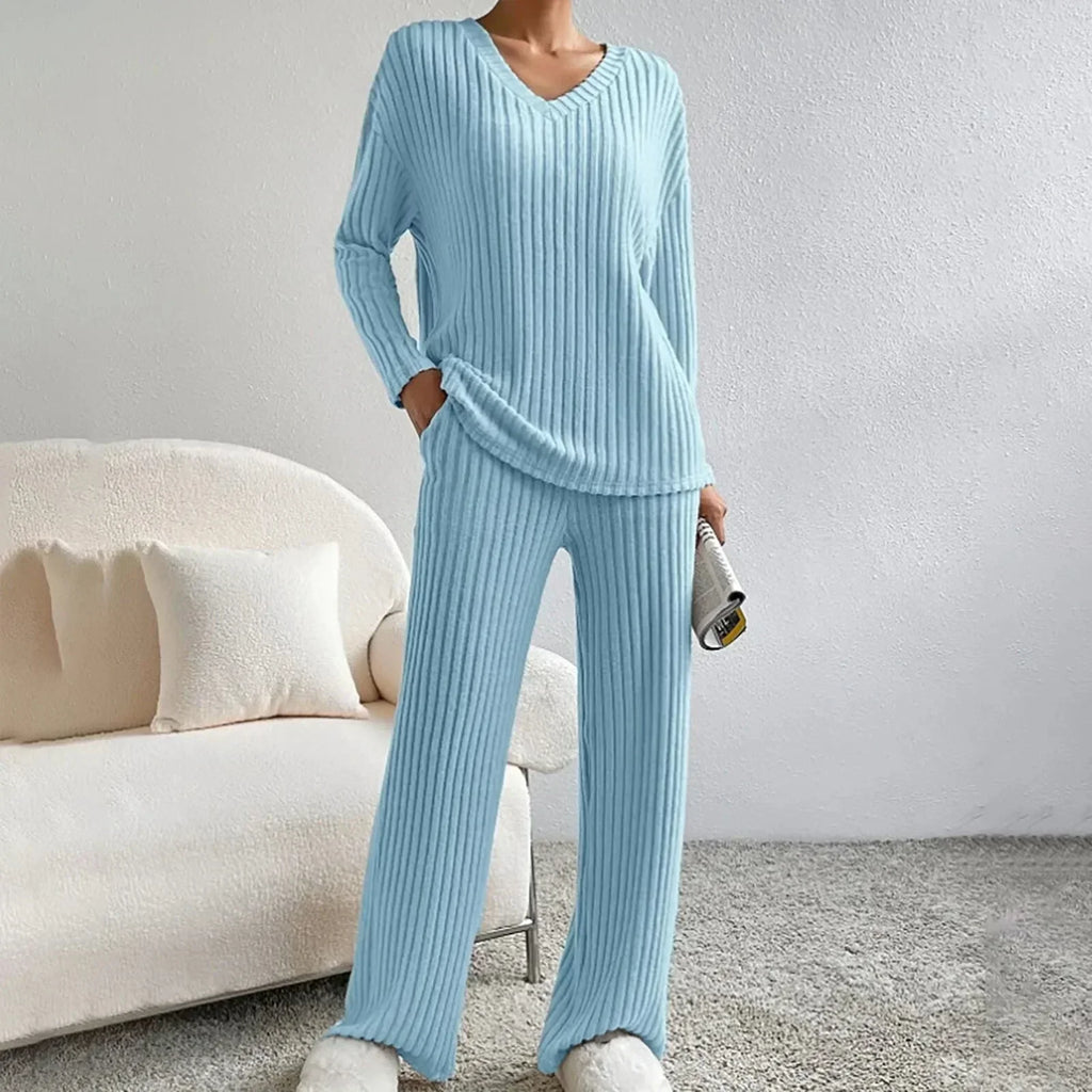 Miss | Tweedelige Set Dames Geribbeld V-Hals Wijde Pijp – Co-ord Set