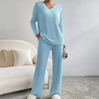Miss | Tweedelige Set Dames Geribbeld V-Hals Wijde Pijp – Co-ord Set
