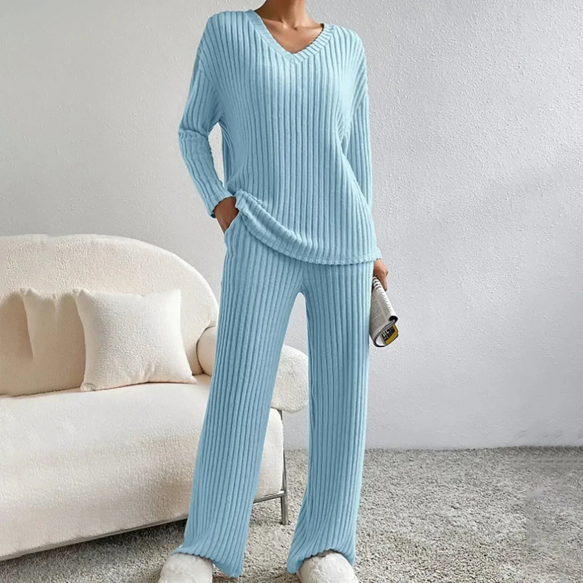 Miss | Tweedelige Set Dames Geribbeld V-Hals Wijde Pijp – Co-ord Set