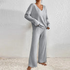 Miss | Tweedelige Set Dames Geribbeld V-Hals Wijde Pijp – Co-ord Set