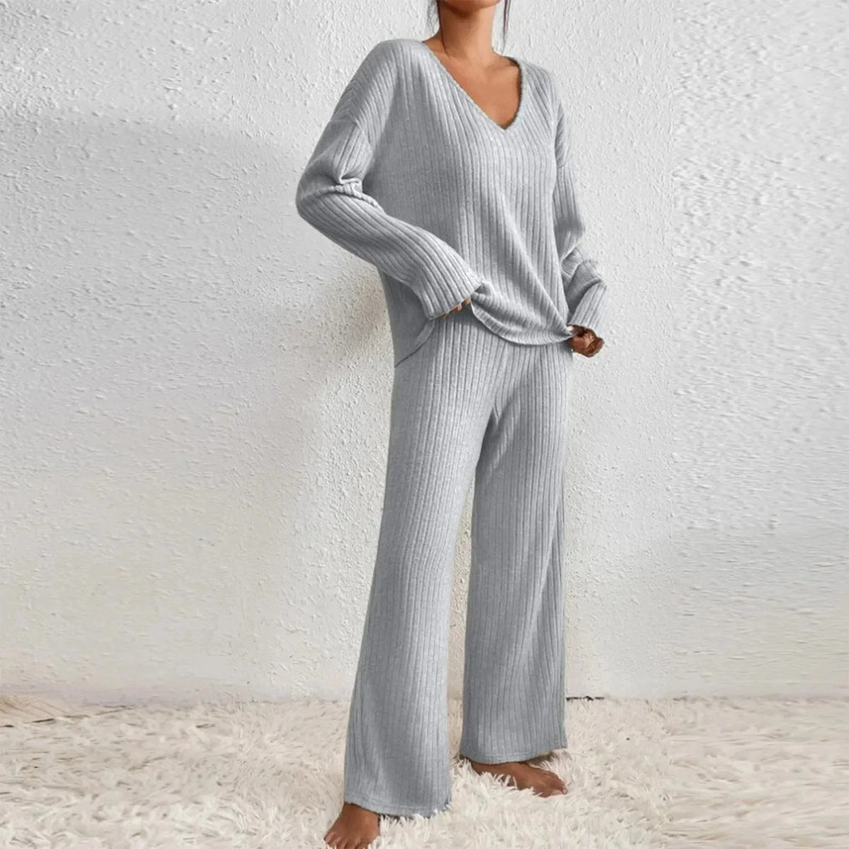 Miss | Tweedelige Set Dames Geribbeld V-Hals Wijde Pijp – Co-ord Set