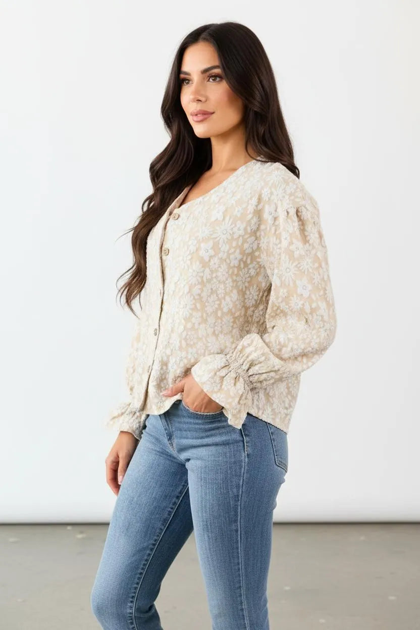 Viscose Blouse Dames | Pofmouwen Gerimpelde Manchetten - Miss Madera MIS-XSUN50