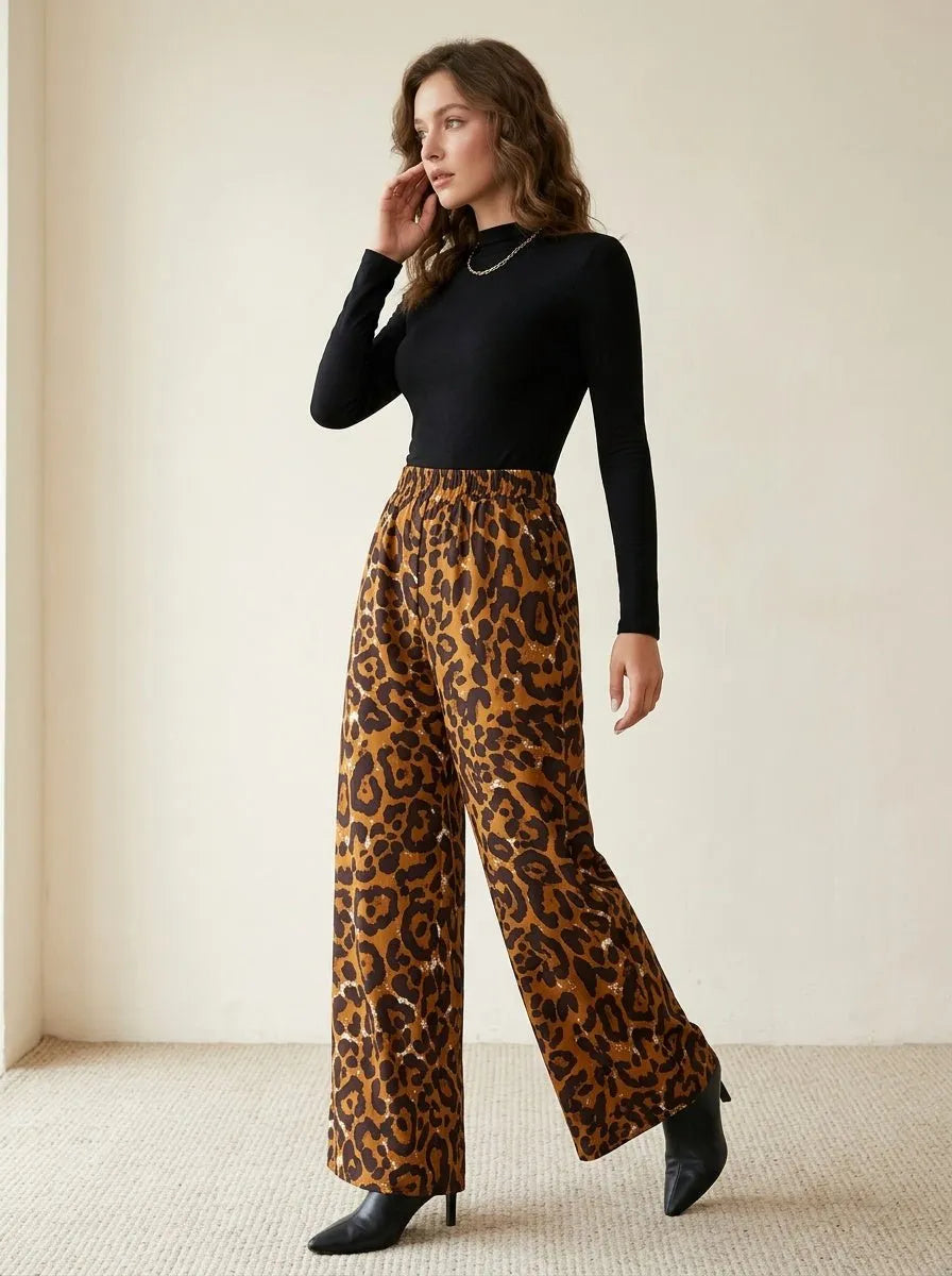 Wide Leg Broek in Bruine Luipaardprint - Miss Madera MIS-F93967