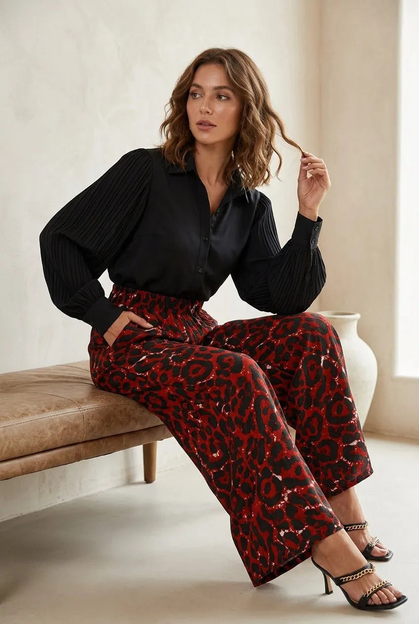 Wide Leg Broek rood‑zwarte luipaardprint - Miss Madera MIS-3DDD23