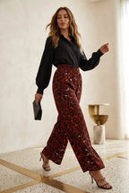 Wide Leg Broek rood‑zwarte luipaardprint - Miss Madera MIS-3DDD23