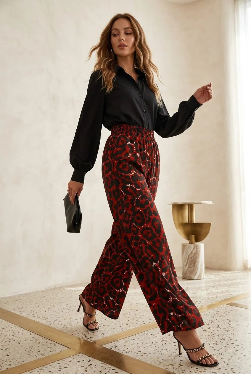 Wide Leg Broek rood‑zwarte luipaardprint - Miss Madera MIS-3DDD23