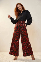 Wide Leg Broek rood‑zwarte luipaardprint - Miss Madera MIS-3DDD23