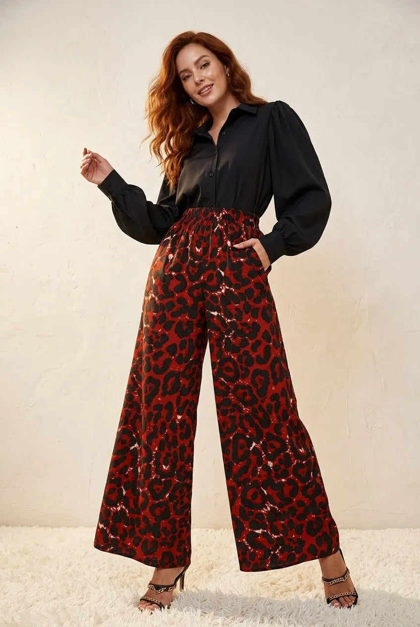 Wide Leg Broek rood‑zwarte luipaardprint - Miss Madera MIS-3DDD23