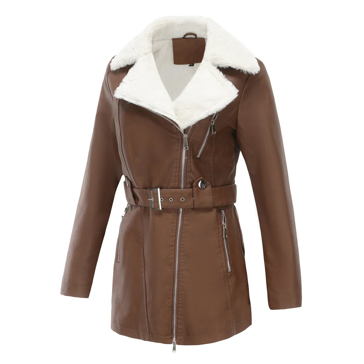 Jas Dames Getailleerd Teddy Kraag Asymmetrische Rits Lang