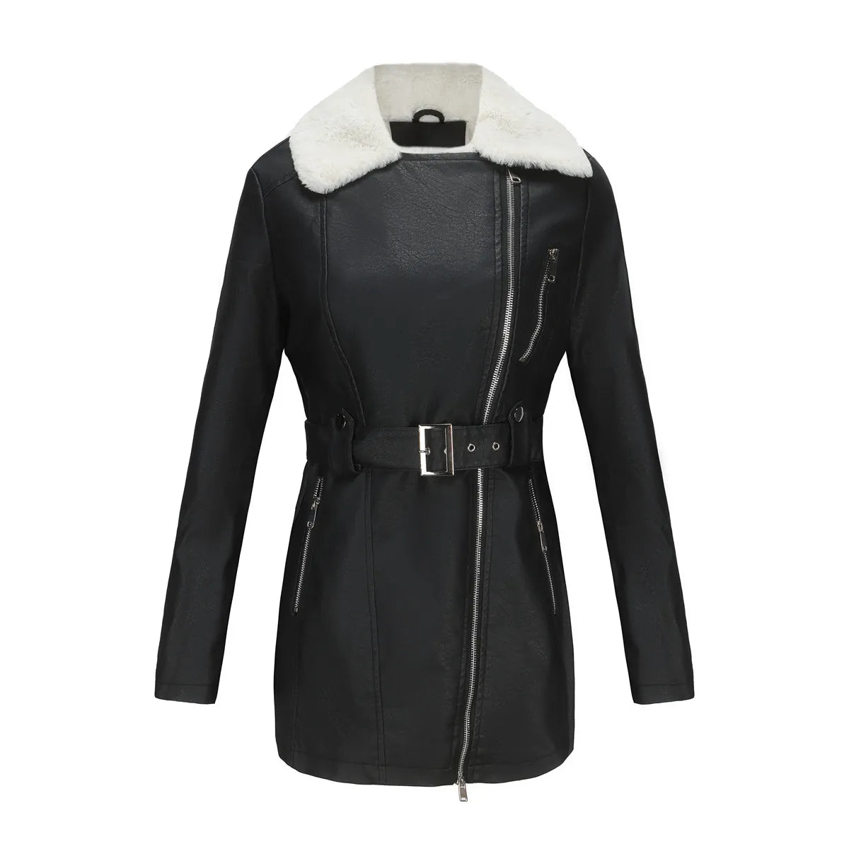 Jas Dames Getailleerd Teddy Kraag Asymmetrische Rits Lang