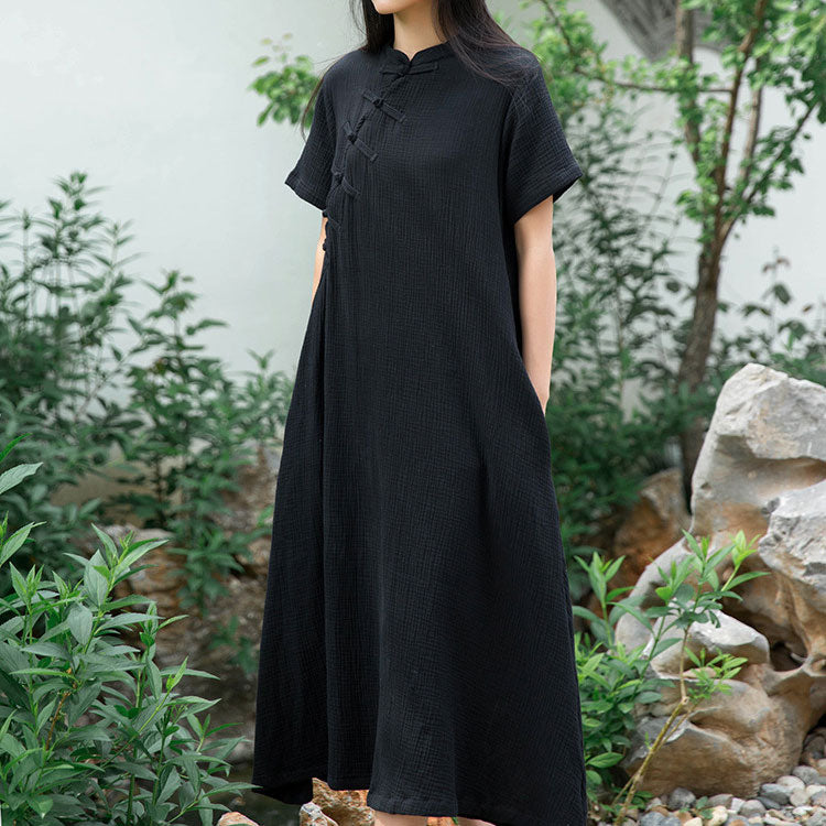 Jurk Dames Maxi Staande Kraag Korte Mouw - Polyester - Zwart