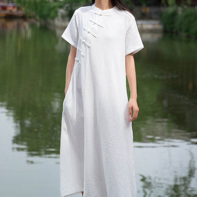 Jurk Dames Maxi Staande Kraag Korte Mouw - Polyester - Wit