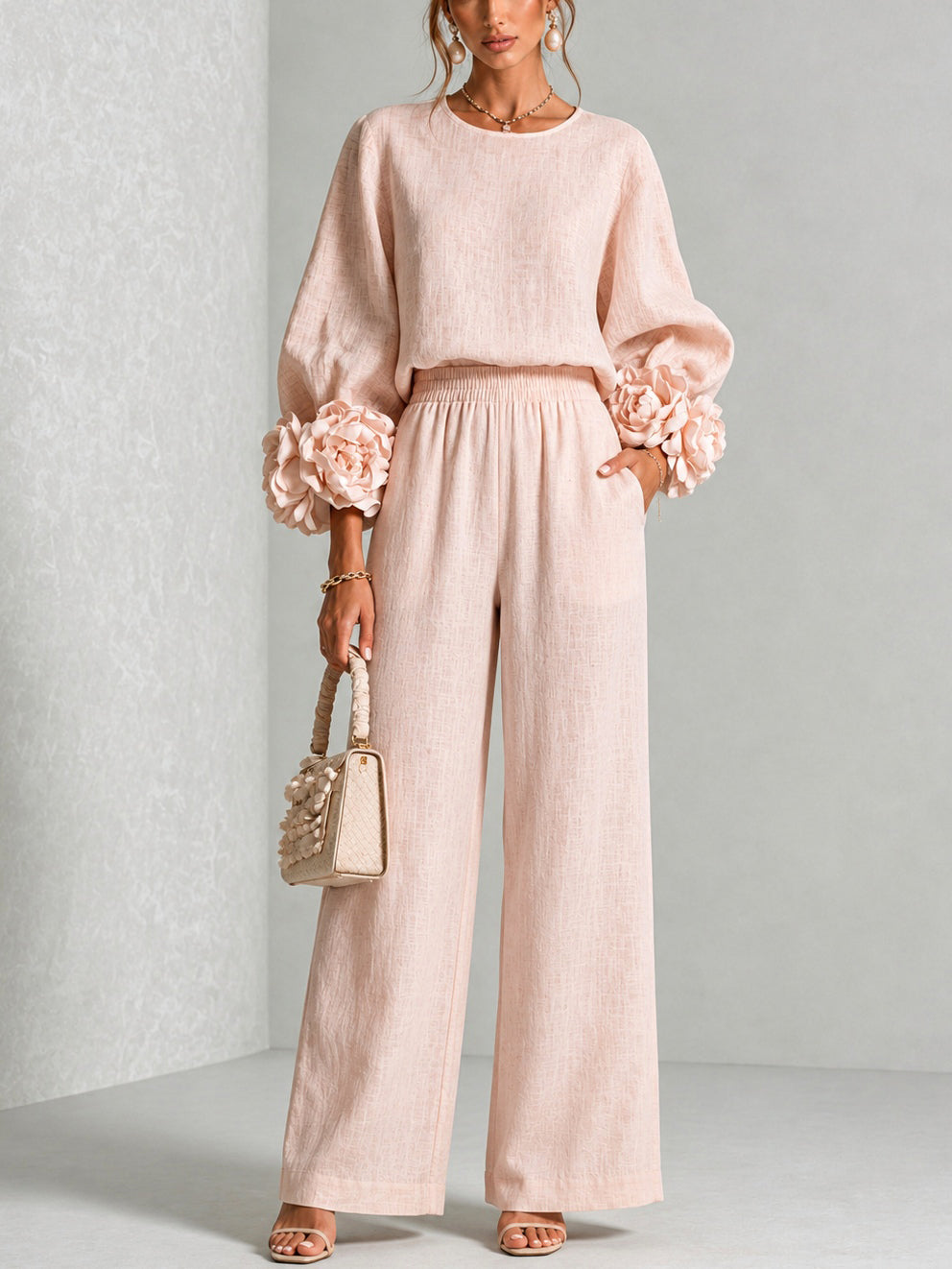 Co-ord set Dames Bloemen Manchetten Wijde Pijpen High-Waist
