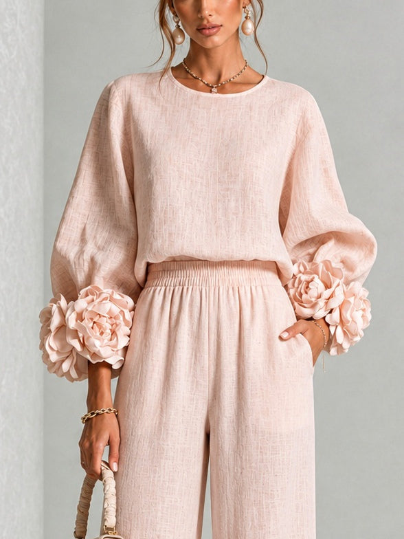 Co-ord set Dames Bloemen Manchetten Wijde Pijpen High-Waist