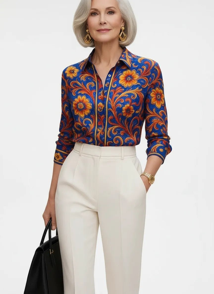 Zijden Blouse Dames | Barokprint Vloeiend Silhouet - Miss Madera MIS-R4P817