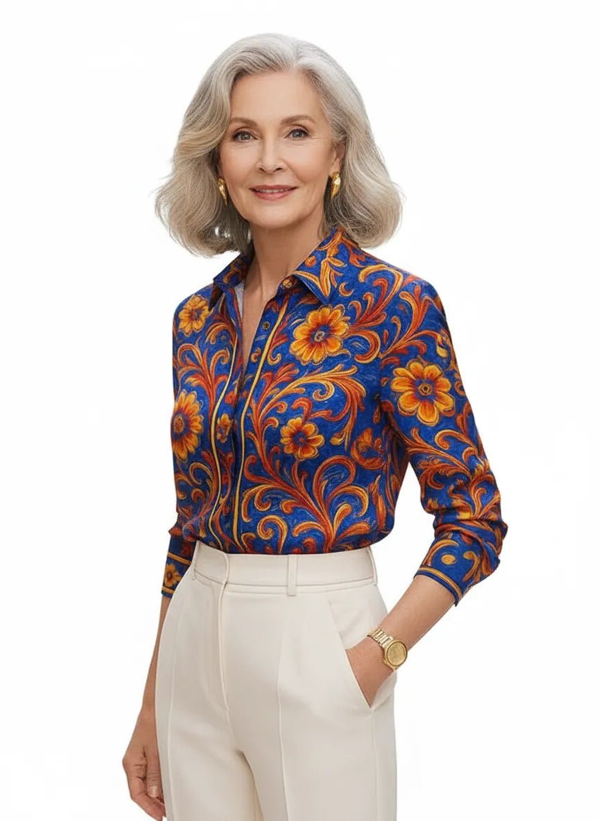 Zijden Blouse Dames | Barokprint Vloeiend Silhouet - Miss Madera MIS-R4P817