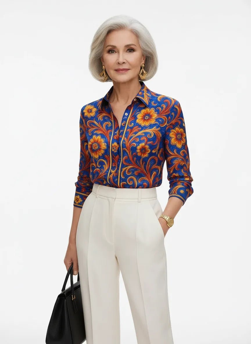 Zijden Blouse Dames | Barokprint Vloeiend Silhouet - Miss Madera MIS-R4P817