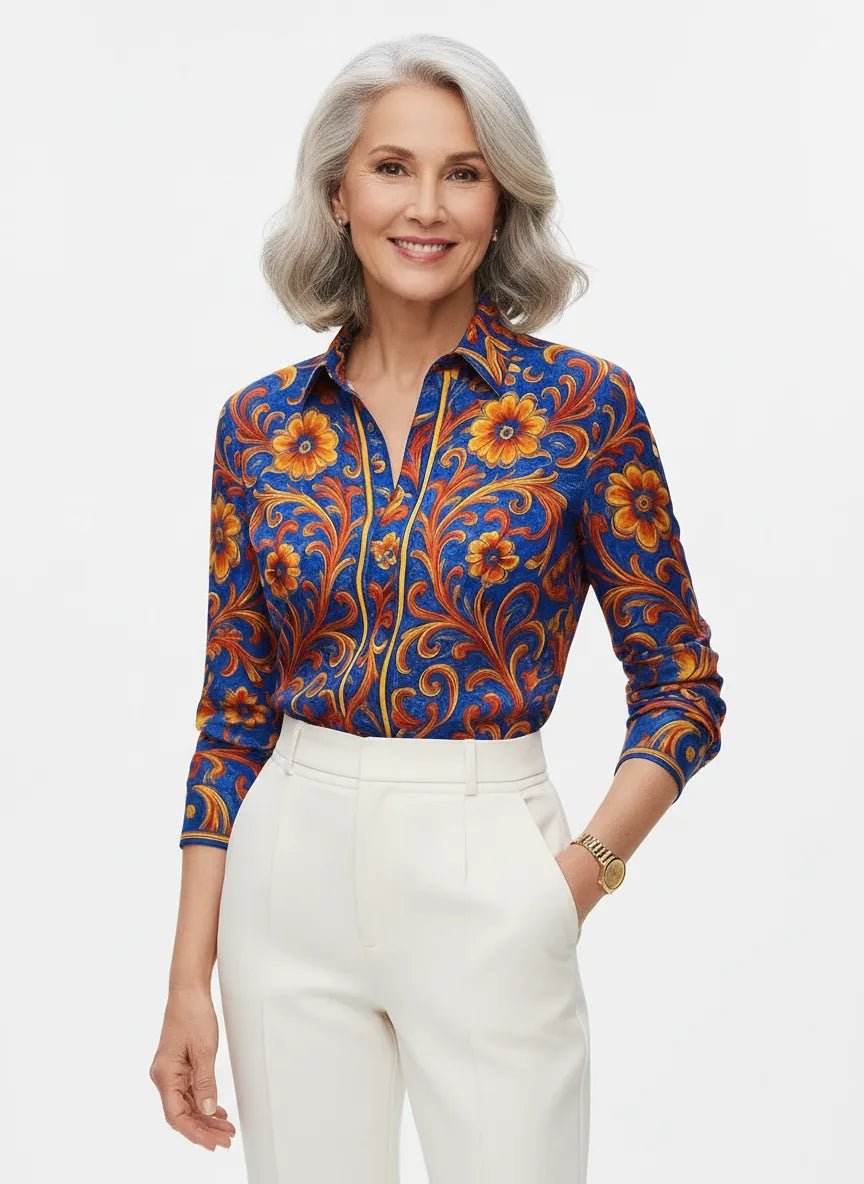 Zijden Blouse Dames | Barokprint Vloeiend Silhouet - Miss Madera MIS-R4P817