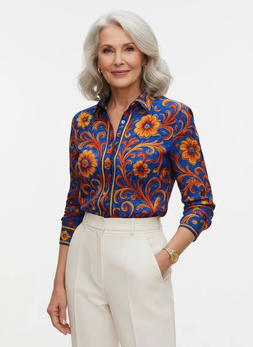 Zijden Blouse Dames | Barokprint Vloeiend Silhouet - Miss Madera MIS-R4P817